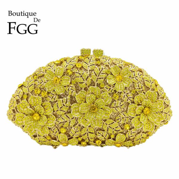 

wholesale- bridal wedding yellow flower clutch crystal bags hardcase metal gold women evening clutches party cocktail dinner minaudiere bag