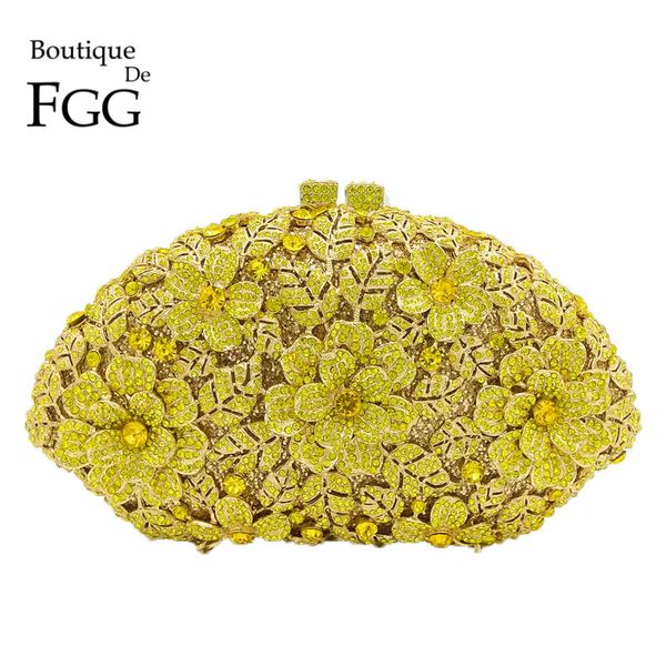 

wholesale- bridal wedding yellow flower clutch crystal bags hardcase metal gold women evening clutches party cocktail dinner minaudiere bag