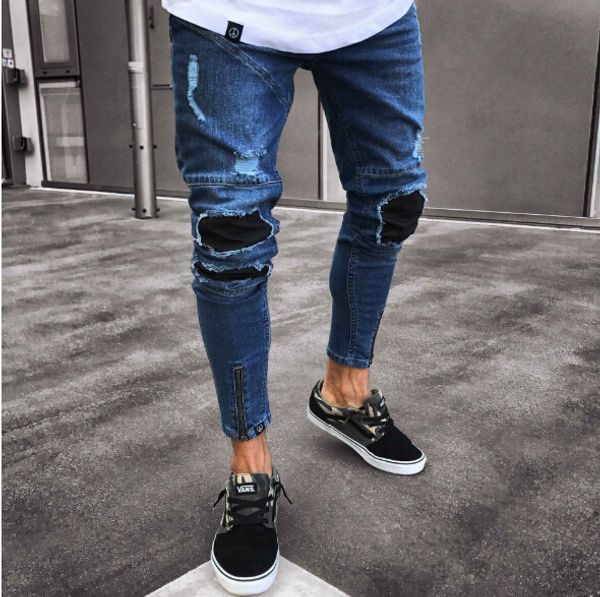 mens high street fashion pencil pants jeans male ripped holes zipper design blue jeans distressed biker washed denim pants mens jeans