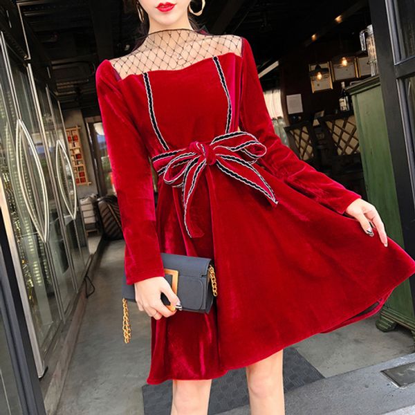 spring 2018 dress women vintage mesh patchwork high waist bow sash long sleeve velvet dress black red vestido de festa d221, White;black
spring 2018 dress women vintage mesh patchwork high waist bow sash long sleeve velvet dress black red vestido de festa d221, White;black