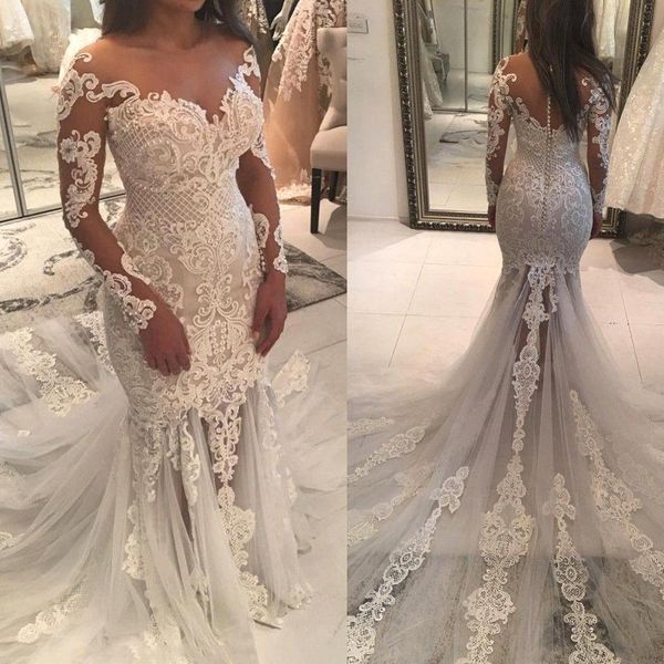 2018 sheer long sleeves lace mermaid wedding dresses tulle applique sweep train bridal gowns bride wedding dresses with buttons ba8838, White
2018 sheer long sleeves lace mermaid wedding dresses tulle applique sweep train bridal gowns bride wedding dresses with buttons ba8838, White