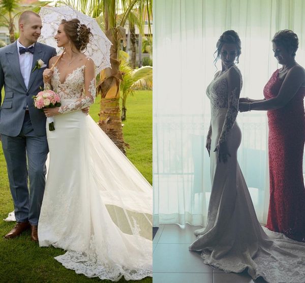 country mermaid wedding dresses with detachable train 2018 modest lace tulle jewel long sleeve trumpet garden farm bridal wedding dress, White
country mermaid wedding dresses with detachable train 2018 modest lace tulle jewel long sleeve trumpet garden farm bridal wedding dress, White