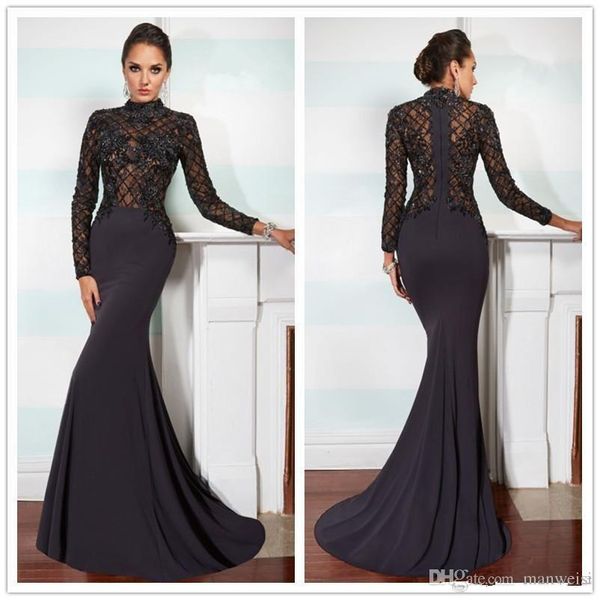 black mermaid mother of the bride dresses lace applique high neck long sleeves fashion satin wedding guest dress, Black;red
black mermaid mother of the bride dresses lace applique high neck long sleeves fashion satin wedding guest dress, Black;red