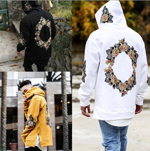

wholesale-new design flower embroidery hoodies men hip hop side split hoody sweatshirts hooded pullover long sleeve jumper tops, Black