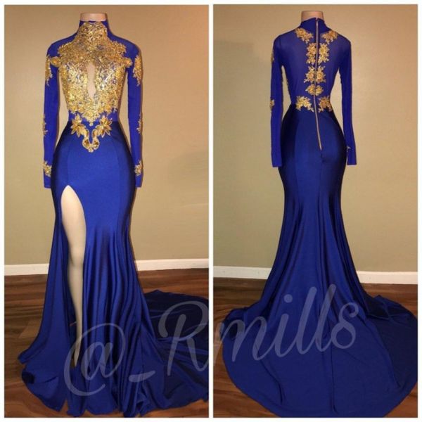 2018 royal blue and gold lace applique split side evening dresses long sleeves mermaid high neck vintage party dress prom gowns, Black;red
2018 royal blue and gold lace applique split side evening dresses long sleeves mermaid high neck vintage party dress prom gowns, Black;red