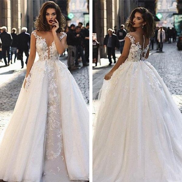 gorgeous sheer scoop neck a line wedding dresses with cap sleeves appliques beaded tulle long bridal gown, White
gorgeous sheer scoop neck a line wedding dresses with cap sleeves appliques beaded tulle long bridal gown, White
