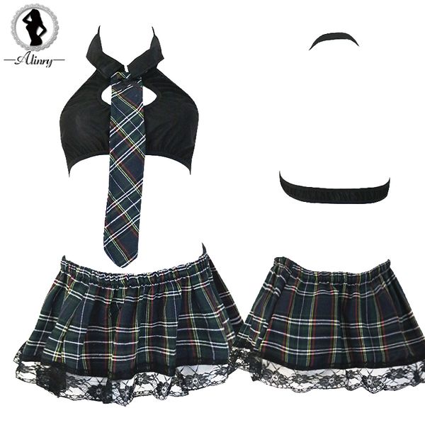 alinry plus size lingerie women plaid student uniform erotic underwear sleepwear cosplay hollow-out halter costumes s923, Red;black
