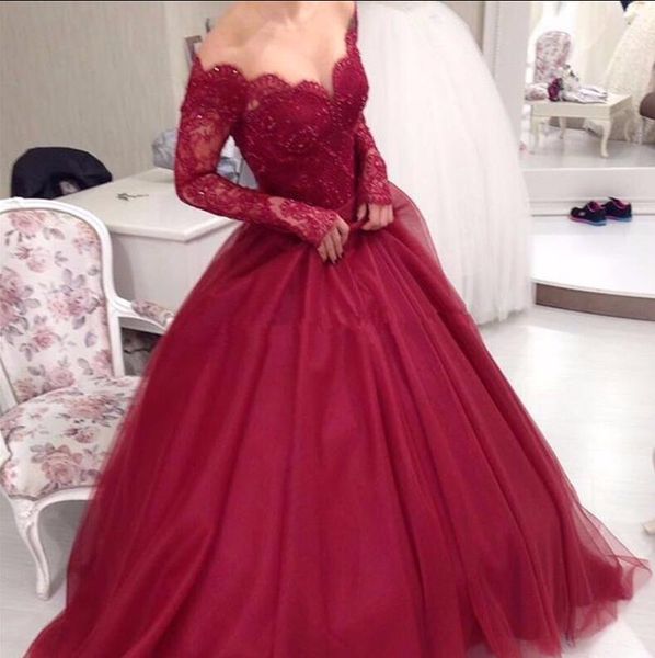 elegant ball gown beaded lace burgundy prom dresses 2017 scallop v neck illusion long sleeves off shoulder tulle beading evening dresses, Black
elegant ball gown beaded lace burgundy prom dresses 2017 scallop v neck illusion long sleeves off shoulder tulle beading evening dresses, Black