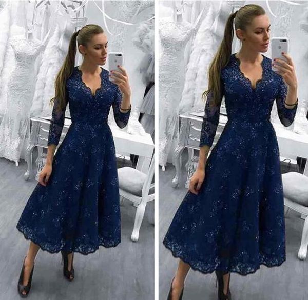 2018 mother of the bride dresses v neck navy blue long sleeves lace appliques beaded wedding guest dress tea length gowns, White
2018 mother of the bride dresses v neck navy blue long sleeves lace appliques beaded wedding guest dress tea length gowns, White