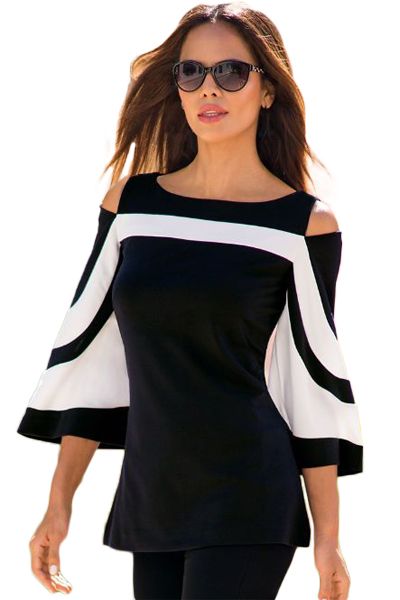 women blouse black white colorblock bell sleeve cold shoulder mujer camisa feminina office ladies clothes lc250605
women blouse black white colorblock bell sleeve cold shoulder mujer camisa feminina office ladies clothes lc250605