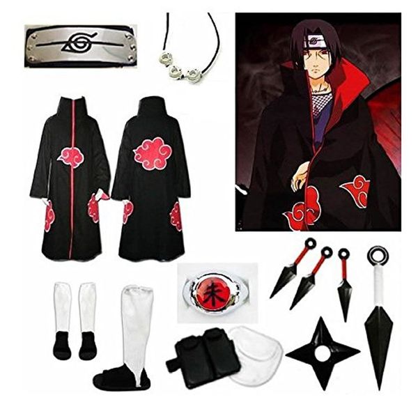 anime naruto uchiha itachi cosplay costume full set, Black;red