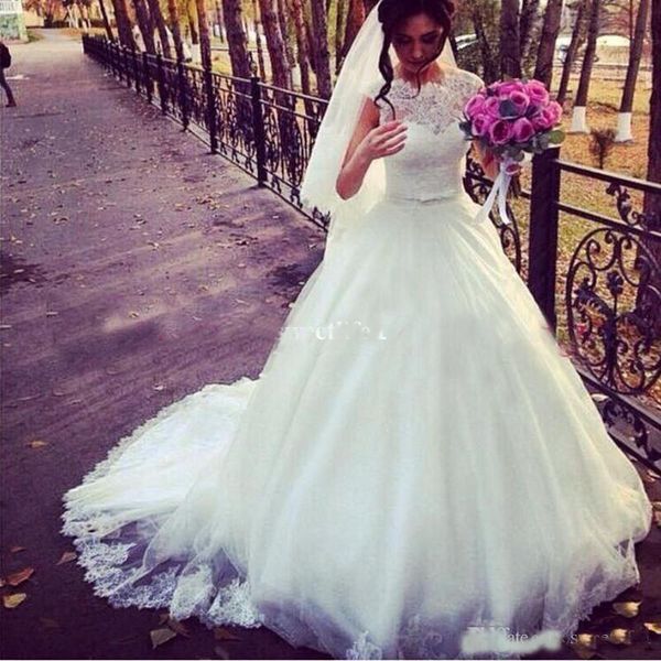 2019 Modest A Line Wedding Dresses Sheer Jewel Neck Lace Top Puffy Tulle Waist With Sash Country Style Chic Bridal Gown Custom Made
2019 Modest A Line Wedding Dresses Sheer Jewel Neck Lace Top Puffy Tulle Waist With Sash Country Style Chic Bridal Gown Custom Made