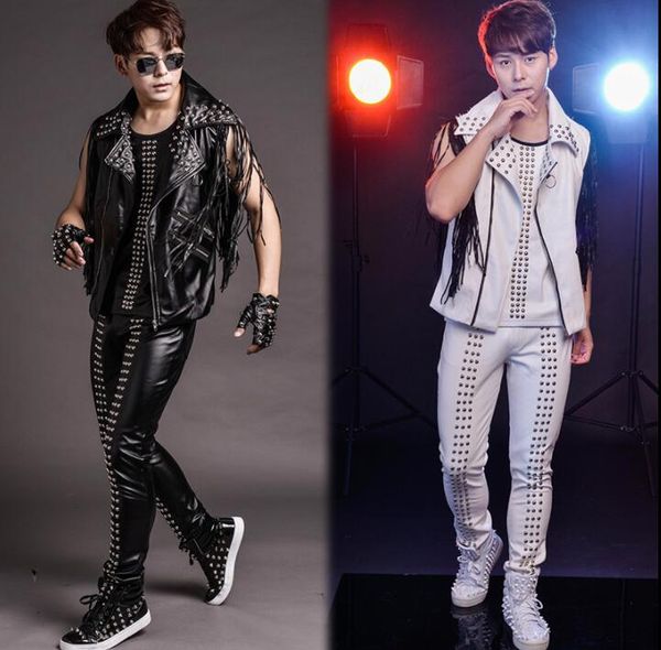 original men leather vest personalized singer dance stage street star style sleeveless rivet tassel clothing punk rock dress, Black;white
original men leather vest personalized singer dance stage street star style sleeveless rivet tassel clothing punk rock dress, Black;white
