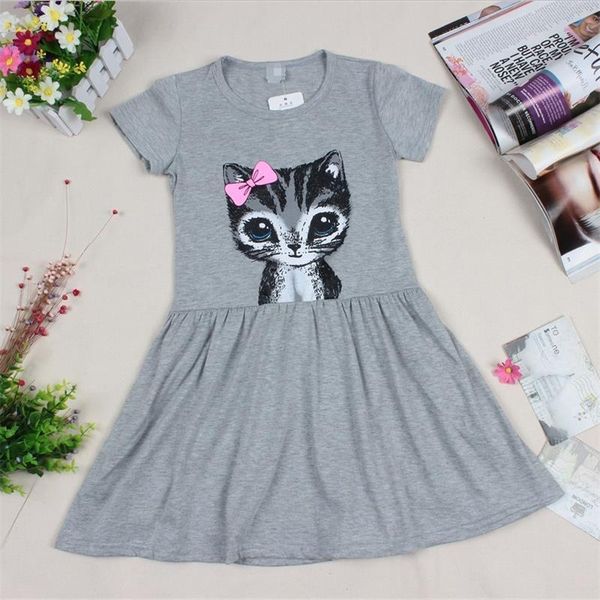 girl princess dress new 2018 summer cat print grey baby girl cartoon dress children clothing kids cotton dress 2-8years, Red;yellow