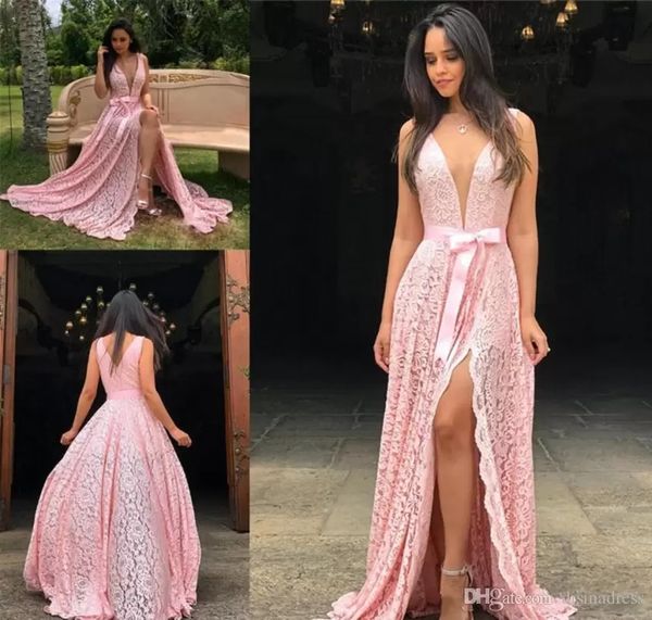 2019 pink a line prom dresses full lace side split plunging v neck long backless evening gowns custom made, Black
2019 pink a line prom dresses full lace side split plunging v neck long backless evening gowns custom made, Black