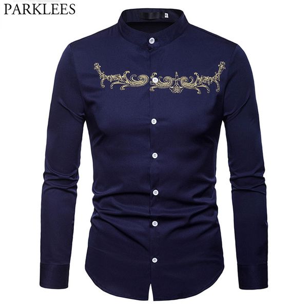 men's slim mandarin collar button down shirt 2018 brand new gold flower embroidery shirt men long sleeve chemise homme, White;black
men's slim mandarin collar button down shirt 2018 brand new gold flower embroidery shirt men long sleeve chemise homme, White;black