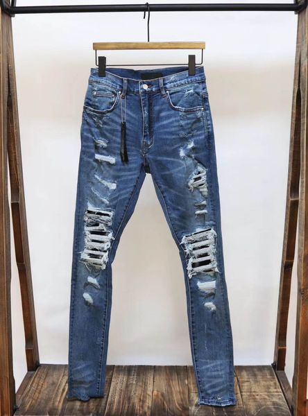 men skinny stretch heavy destroyed black leather ribbed patch indigo jeans, Blue
men skinny stretch heavy destroyed black leather ribbed patch indigo jeans, Blue