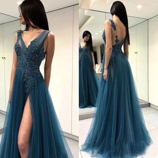 a line backless v neck split blue tulle evening gowns floor length prom dress with appliques beaded, Black
a line backless v neck split blue tulle evening gowns floor length prom dress with appliques beaded, Black