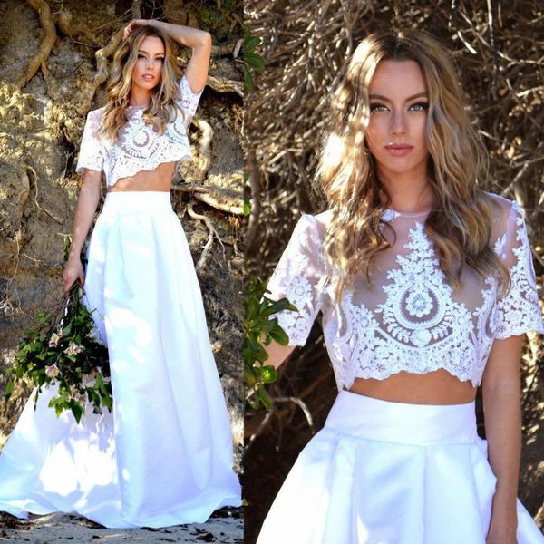 2019 Two Piece Wedding Dresses Short Sleeves Illusion Appliqued Lace Crop Top Satin Skirt Boho Wedding Dresses Beach Bohemian Bridal Gowns
2019 Two Piece Wedding Dresses Short Sleeves Illusion Appliqued Lace Crop Top Satin Skirt Boho Wedding Dresses Beach Bohemian Bridal Gowns