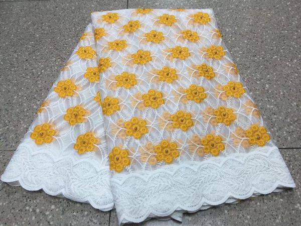 

5 yards/pc nice looking white french net lace fabric with beads and gold flower design african mesh lace for dress bn99-6