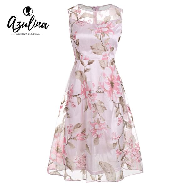 

azulina pink floral print women dress sleeveless o neck 2017 summer casual female vestido robe femme mesh dresses with lining, Black;gray