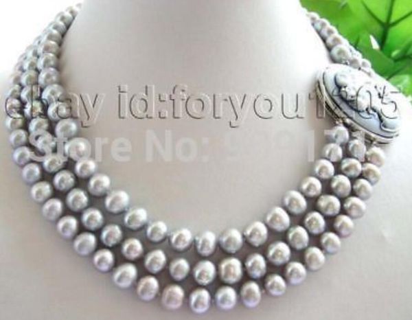 gt;>3rows natural 8-12mm round gray pearl necklace cameo, Silver
gt;>3rows natural 8-12mm round gray pearl necklace cameo, Silver