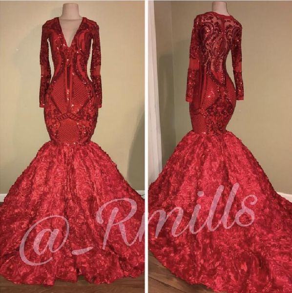 2018 african sequined mermaid prom dresse long sleeves 3d floral lace flower formal party evening gowns, Black;red
2018 african sequined mermaid prom dresse long sleeves 3d floral lace flower formal party evening gowns, Black;red