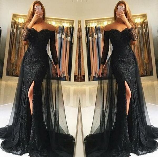black lace long sleeve sweetheart prom dresses long mermaid slit front formal dresses evening long trian 2018
black lace long sleeve sweetheart prom dresses long mermaid slit front formal dresses evening long trian 2018