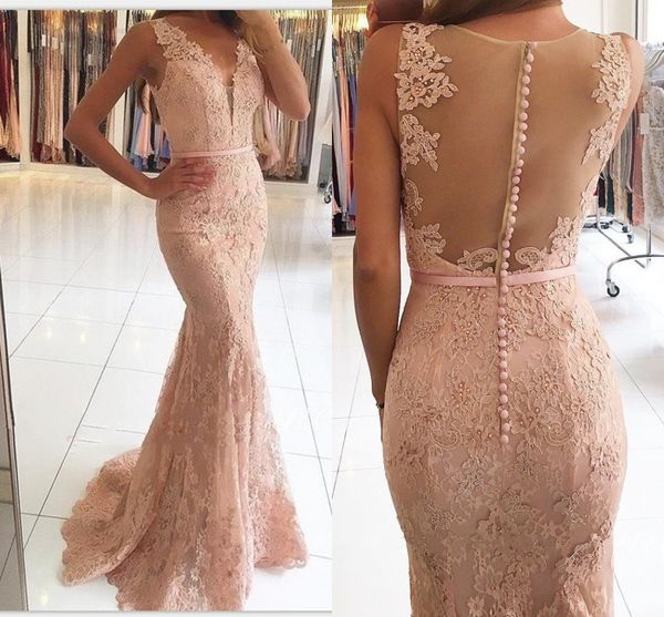 light pink lace prom dress mermaid deep v-neck buttoned zipper hollow back applique beaded ribbon evening dress formal gowns custom made, Black
light pink lace prom dress mermaid deep v-neck buttoned zipper hollow back applique beaded ribbon evening dress formal gowns custom made, Black