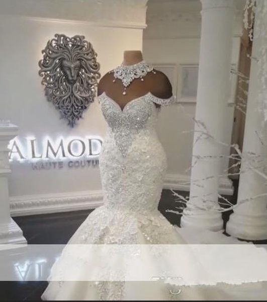 2018 new designer luxury dubai arabic mermaid wedding dresses plus size beading crystals court train wedding dress bridal gowns custom, White
