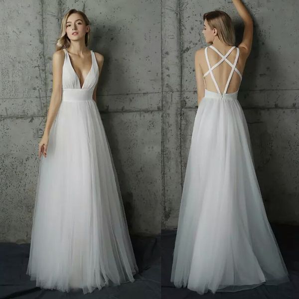 bohemian deep v-neck pleats boho wedding dress criss cross straps back sleeveless long tulle beach wedding dresses vestido de noiva, White
bohemian deep v-neck pleats boho wedding dress criss cross straps back sleeveless long tulle beach wedding dresses vestido de noiva, White
