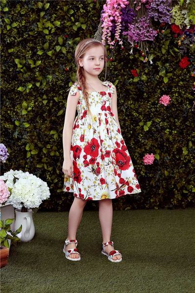 INS Girl Princess Bow Dress Suspender Flowral Print Style Summer Off Shoulder Sleeveless Tutu Dress Kids Elegant Dress NEW Arrival