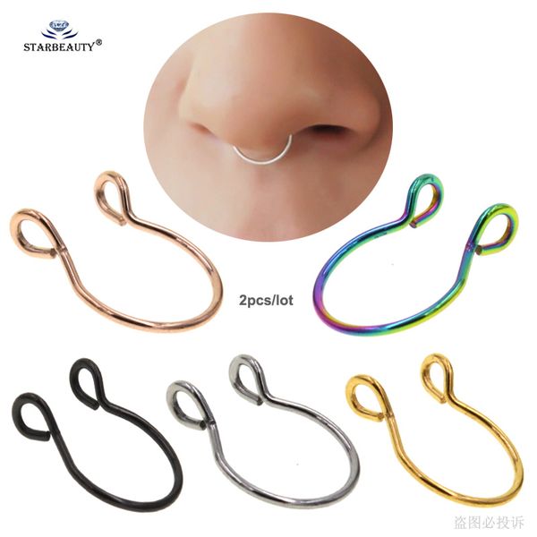 

starbeauty 2 pcs/lot u shaped fake nose ring hoop septum rings stainless steel nose piercing fake piercing oreja pircing jewelry, Slivery;golden