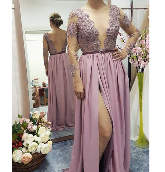 side split prom dress with long sleeve applique beaded sash sheer neckline bateau hollow back evening dress formal gowns a-line, Black
side split prom dress with long sleeve applique beaded sash sheer neckline bateau hollow back evening dress formal gowns a-line, Black