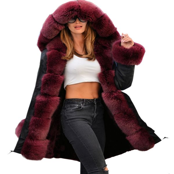 roiii 2018 winter burgundy luxury faux fur thickened hood parka long jacket coat loose warm female water proof plus size jackets, Black;brown
roiii 2018 winter burgundy luxury faux fur thickened hood parka long jacket coat loose warm female water proof plus size jackets, Black;brown