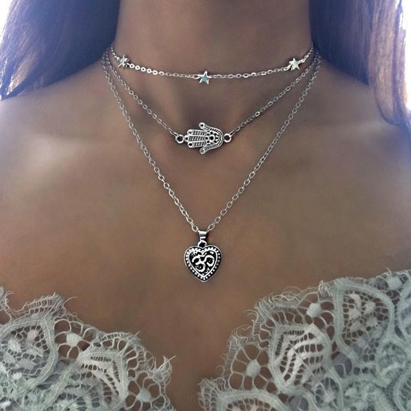 le sky europe and america bohemian explosion stars palms love heart multilayer women's necklace, Silver
le sky europe and america bohemian explosion stars palms love heart multilayer women's necklace, Silver