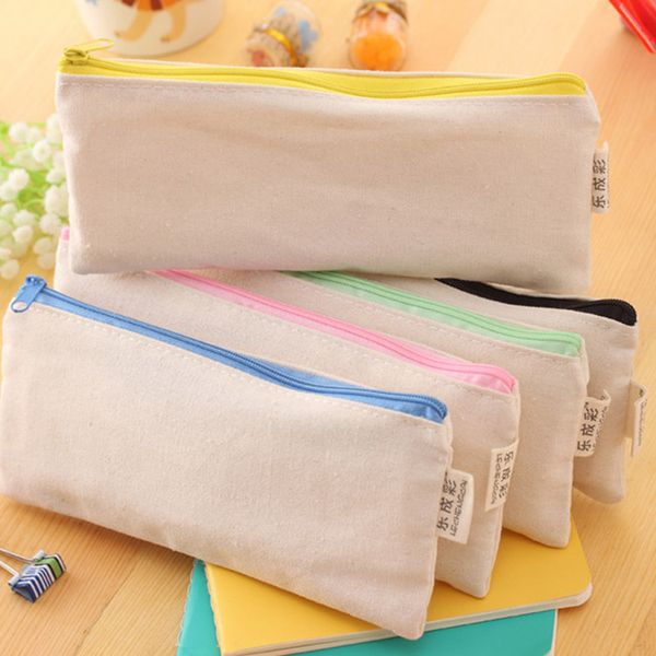 Blank 20.5*8.5cm White Canvas Zipper Pencil Pen Bags Stationery Cases Clutch Organizer Bag Gift Storage Pouch