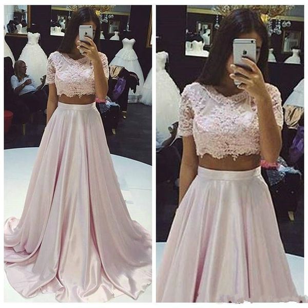 2018 satin jewel two pieces lace appliques a line prom dresses short sleeve long evening party dress pageant gowns custom made, Black
2018 satin jewel two pieces lace appliques a line prom dresses short sleeve long evening party dress pageant gowns custom made, Black