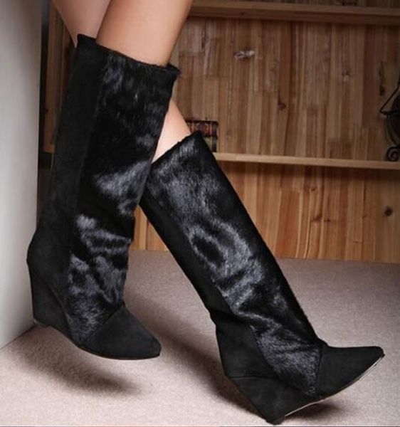 fashion winter warm patchwork horse hair suede knee boots point toe slip on hidden wedge women boots botas mujer long boots, Black
fashion winter warm patchwork horse hair suede knee boots point toe slip on hidden wedge women boots botas mujer long boots, Black