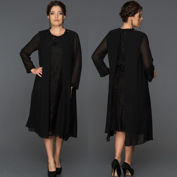 black elegant lace mother of the bride dresses beaded jewel neck plus size wedding guest dress long sleeves tea length evening gowns, Black;red
black elegant lace mother of the bride dresses beaded jewel neck plus size wedding guest dress long sleeves tea length evening gowns, Black;red