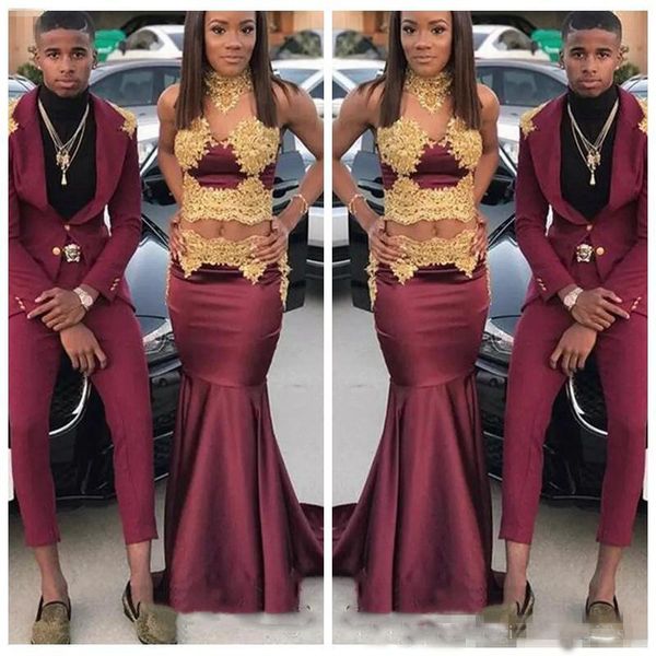 New Vogue 2018 Two Piece African Black Girl Prom Dresses With Gold Lace Appliques Evening Gowns High Neck Vestidos De Soiree Party Wear