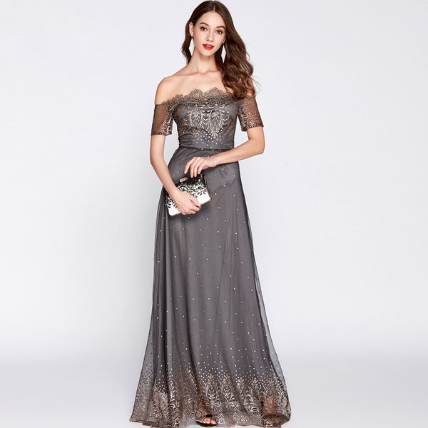 women's slash neckline off the shoulder embroidery elegant party prom long maxi designer runway dresses, Black
women's slash neckline off the shoulder embroidery elegant party prom long maxi designer runway dresses, Black