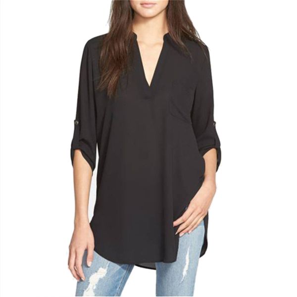 women v-neck solid color chiffon blouse fashion casual three quarter sleeved pullover shirt loose irregular long blouses s-xl, White
women v-neck solid color chiffon blouse fashion casual three quarter sleeved pullover shirt loose irregular long blouses s-xl, White