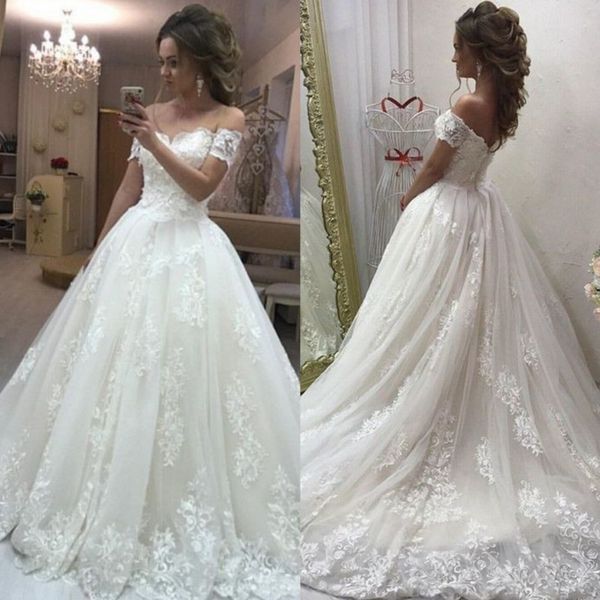 charming lace off shoulder wedding dresses a line appliqued bridal gowns court train tulle custom made vestido de novia, White
charming lace off shoulder wedding dresses a line appliqued bridal gowns court train tulle custom made vestido de novia, White