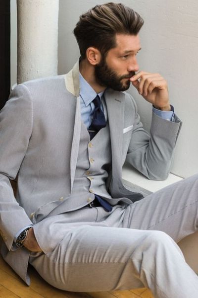 light gray men suits lapel notch two buttons terno slim fit tuxedos custom wedding man (jacket + pants + vest tie, White;black
light gray men suits lapel notch two buttons terno slim fit tuxedos custom wedding man (jacket + pants + vest tie, White;black
