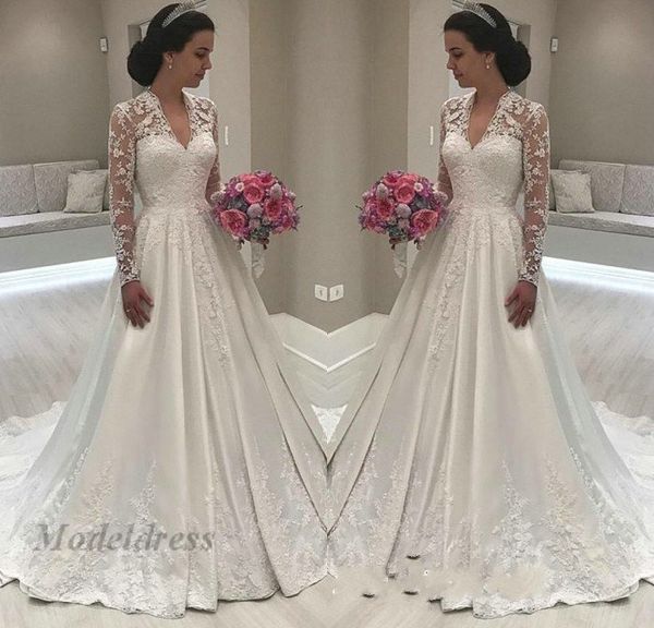 ivory illusion long sleeve wedding dresses a line satin fabric lace appliques v-neck stunning ruched floor length modest bridal gowns custom, White
ivory illusion long sleeve wedding dresses a line satin fabric lace appliques v-neck stunning ruched floor length modest bridal gowns custom, White