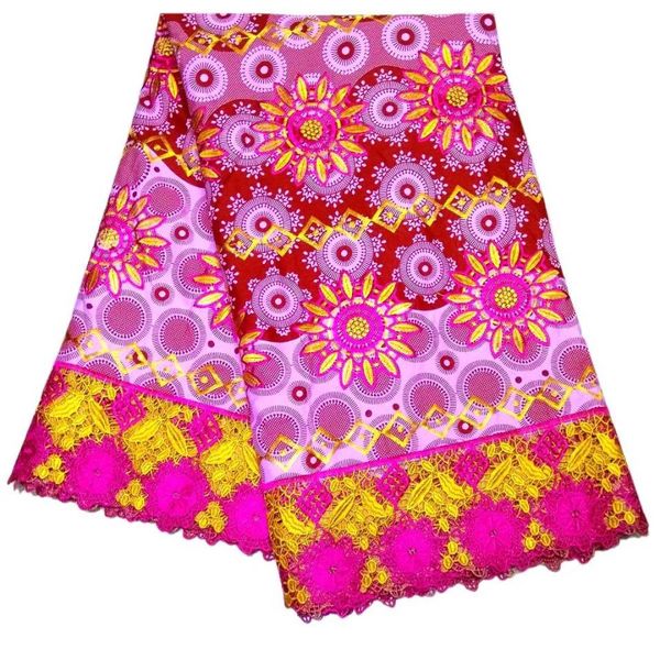 

6Yards/pc Hot sale fuchsia and yellow african water soluble lace with colorful printed flower cotton fabric for dress LBL37-1
