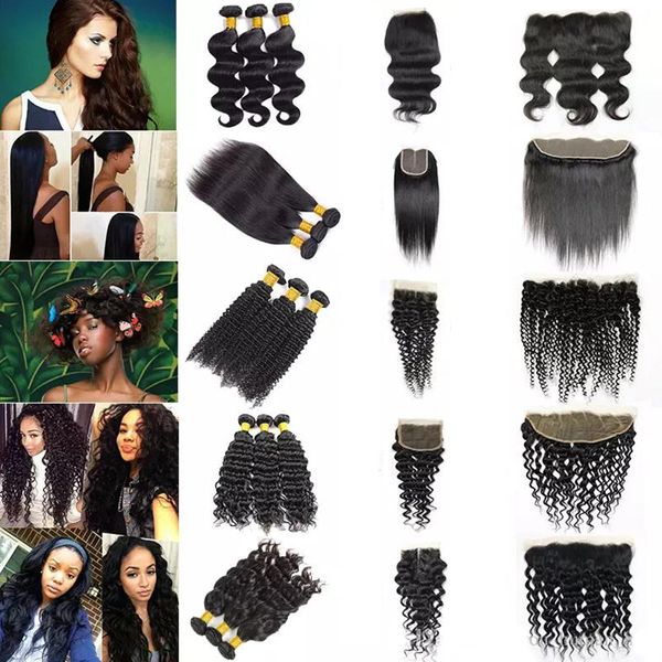 

10a grade peruvian virgin hair straight bundles with lace closure frontal human hair extenstion body deep water natural loose wave jerry kin, Black;brown