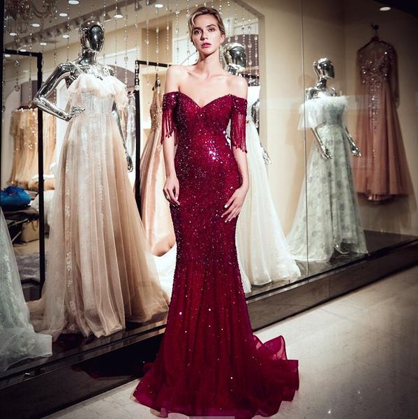 sparkly dark red mermaid prom dresses off shoulder burgundy sequins beaded evening gowns cap sleeves sweep train cocktail party dress, Black
sparkly dark red mermaid prom dresses off shoulder burgundy sequins beaded evening gowns cap sleeves sweep train cocktail party dress, Black