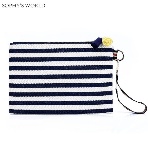 

korea style canvas women handbags stripe women day clutches purse bolsas tassels ladies bag designer clutch envelope bag